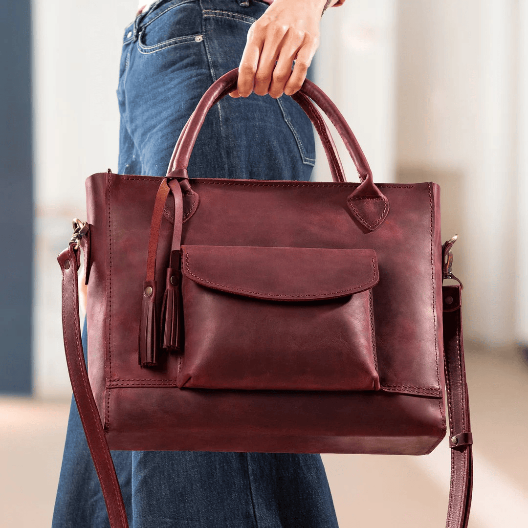 Personalized Leather Custom Work Laptop Tote Bag - Burgundy