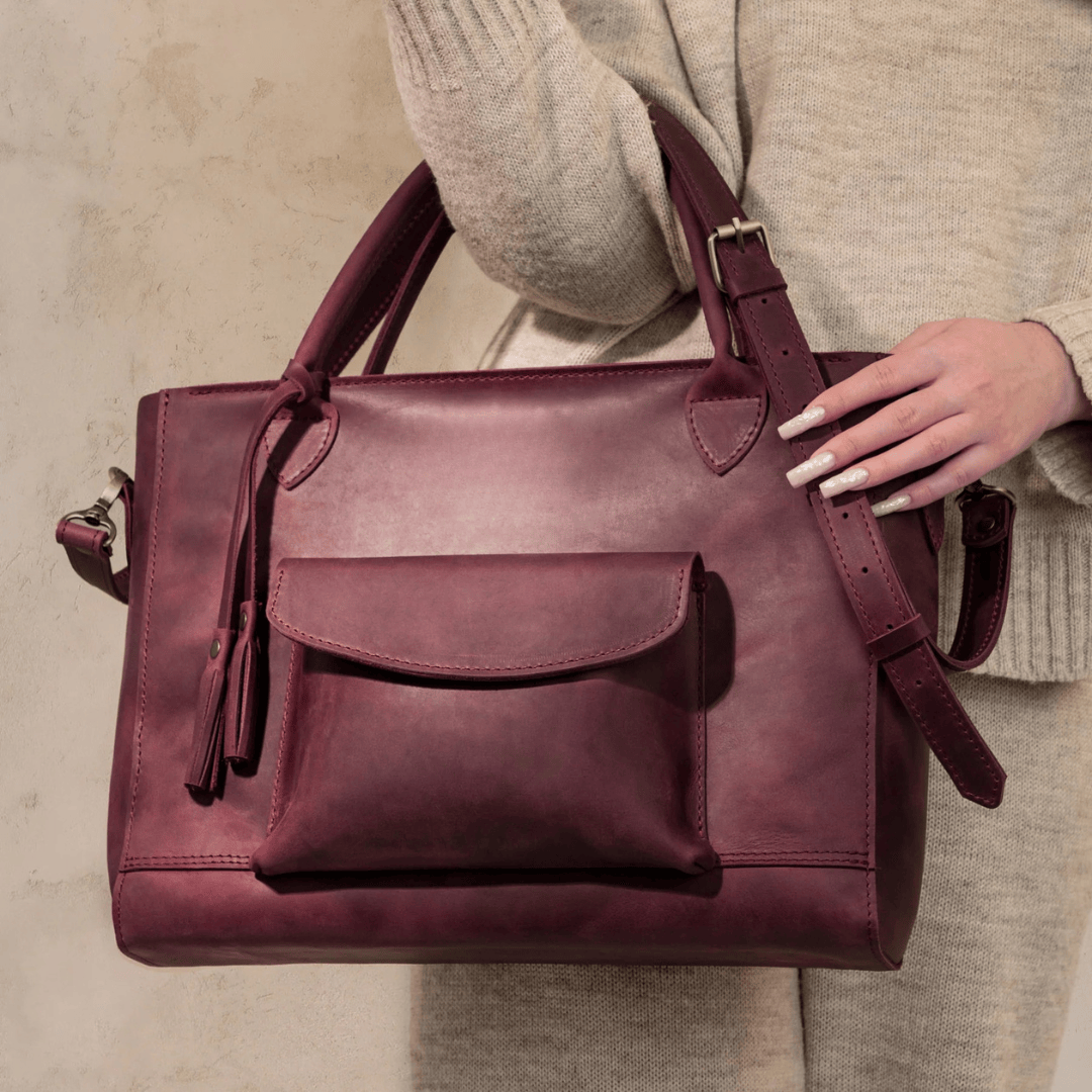 Personalized Leather Custom Work Laptop Tote Bag - Burgundy