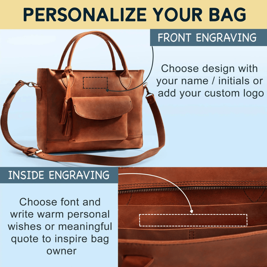 Personalized Leather Custom Work Laptop Tote Bag - Camel