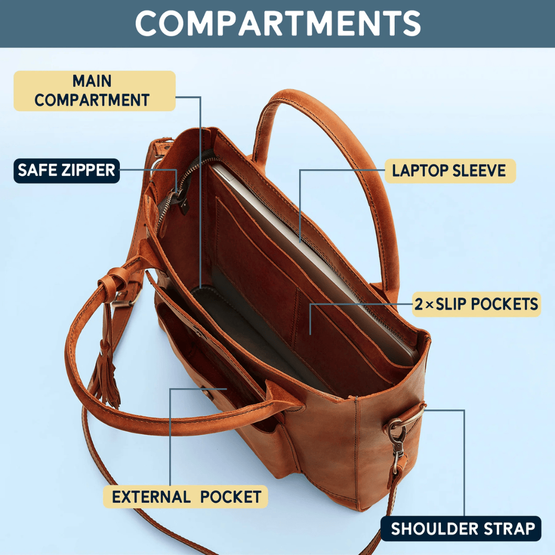 Personalized Leather Custom Work Laptop Tote Bag - Camel