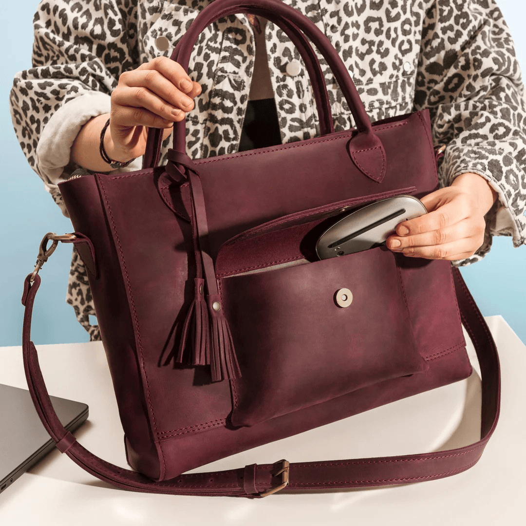 Personalized Leather Custom Work Laptop Tote Bag - Burgundy