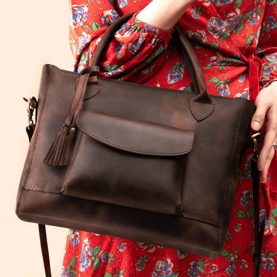 Personalized Leather Custom Work Laptop Tote Bag - Brown