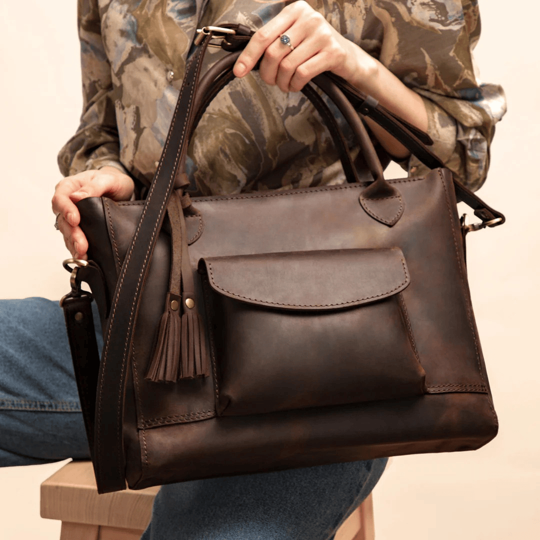 Personalized Leather Custom Work Laptop Tote Bag - Brown