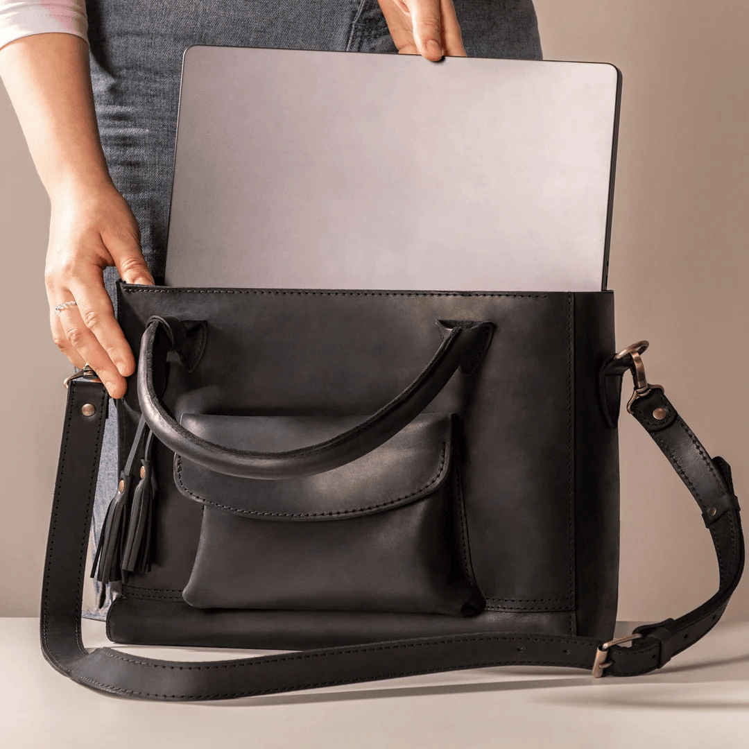Personalized Leather Custom Work Laptop Tote Bag - Black
