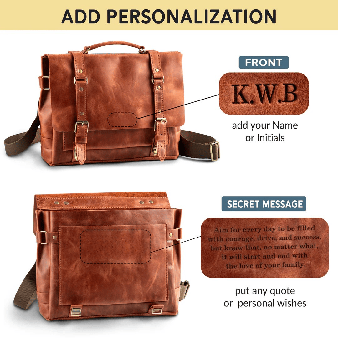 Personalized Full Grain Leather Bag Briefcase Crossbody - Black