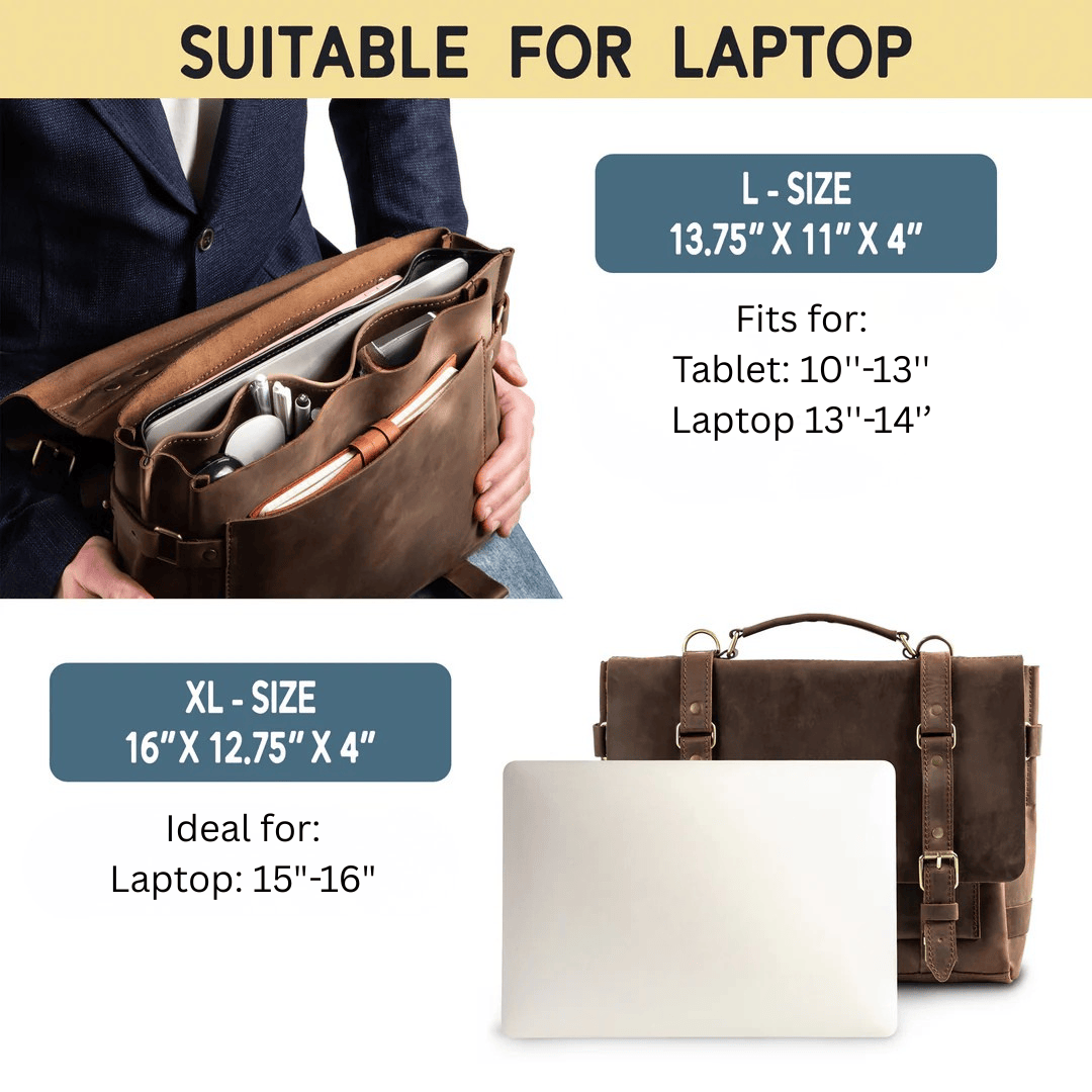 Personalized Full Grain Leather Bag Briefcase Crossbody - Brown