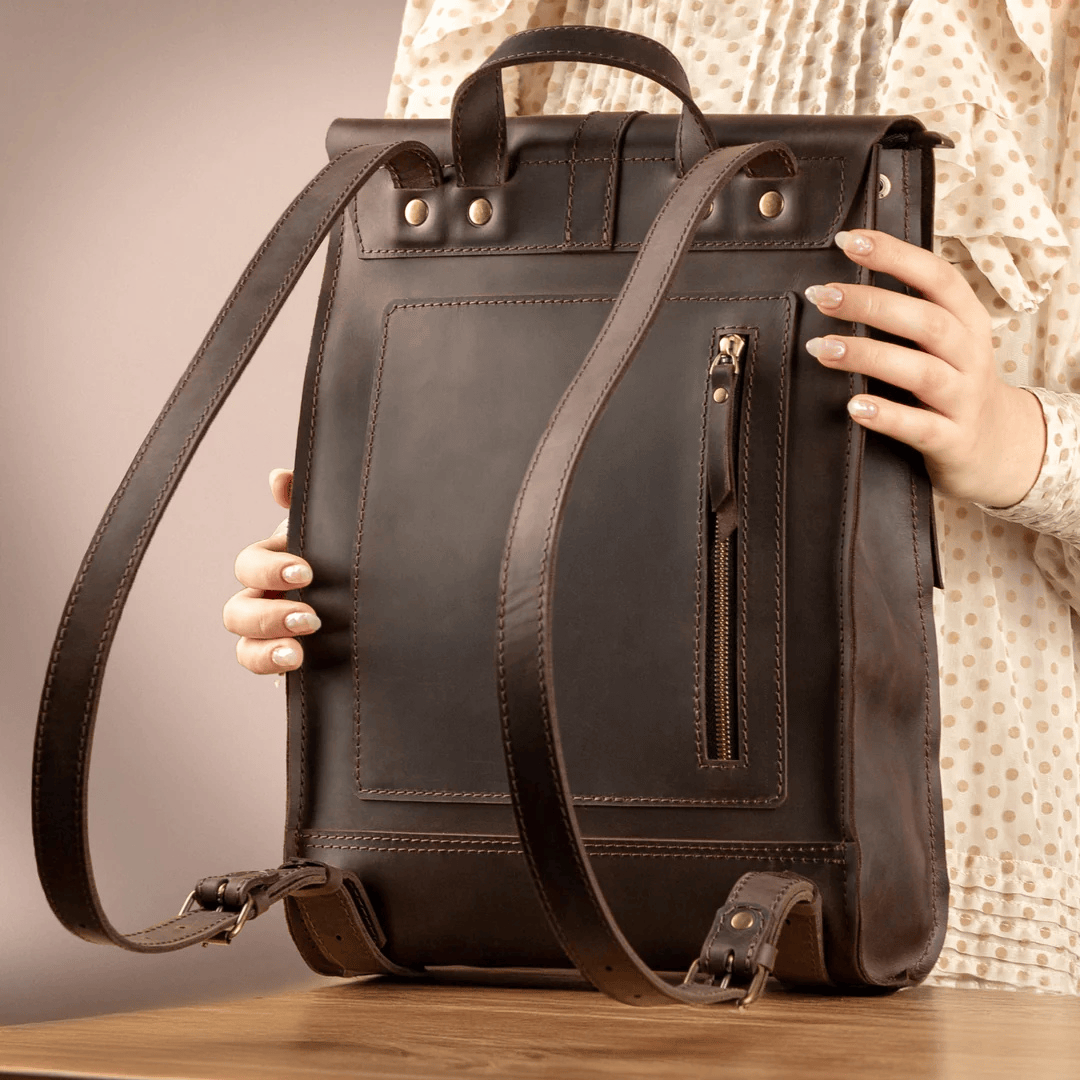 Personalized Top Grain Genuine Leather Backpack Travel Bag - Brown