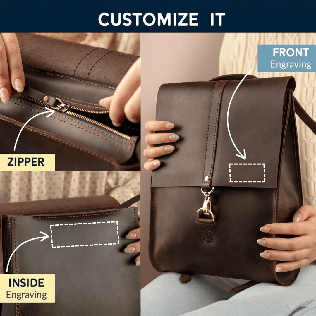 Personalized Top Grain Genuine Leather Backpack Travel Bag - Brown