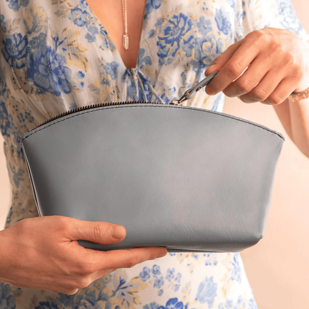 Personalized Leather Toiletry Bag Cosmetic Makeup Organizer - Baby Blue