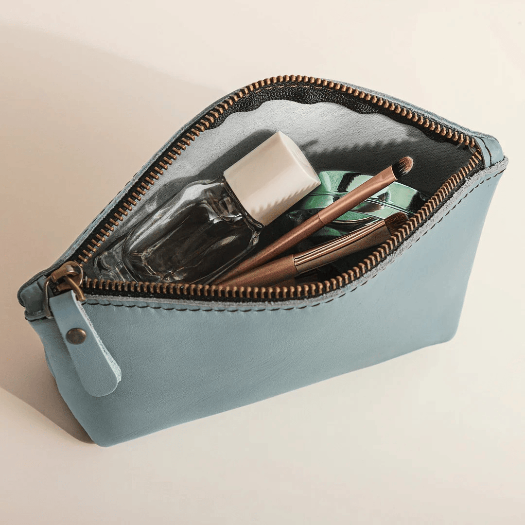 Personalized Leather Toiletry Bag Cosmetic Makeup Organizer - Baby Blue