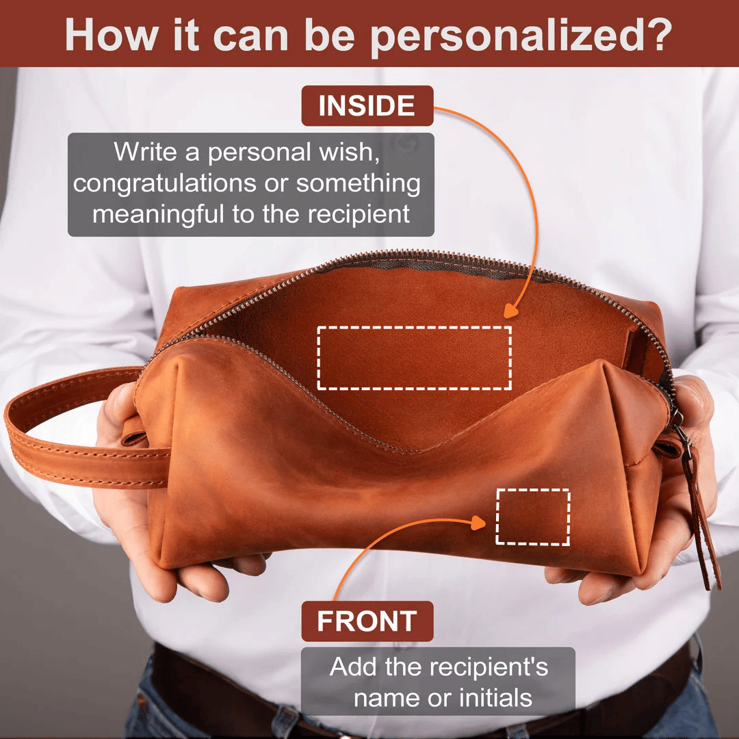 Personalized Toiletry Bag Premium Top Grain Leather Dopp Kit - Brown