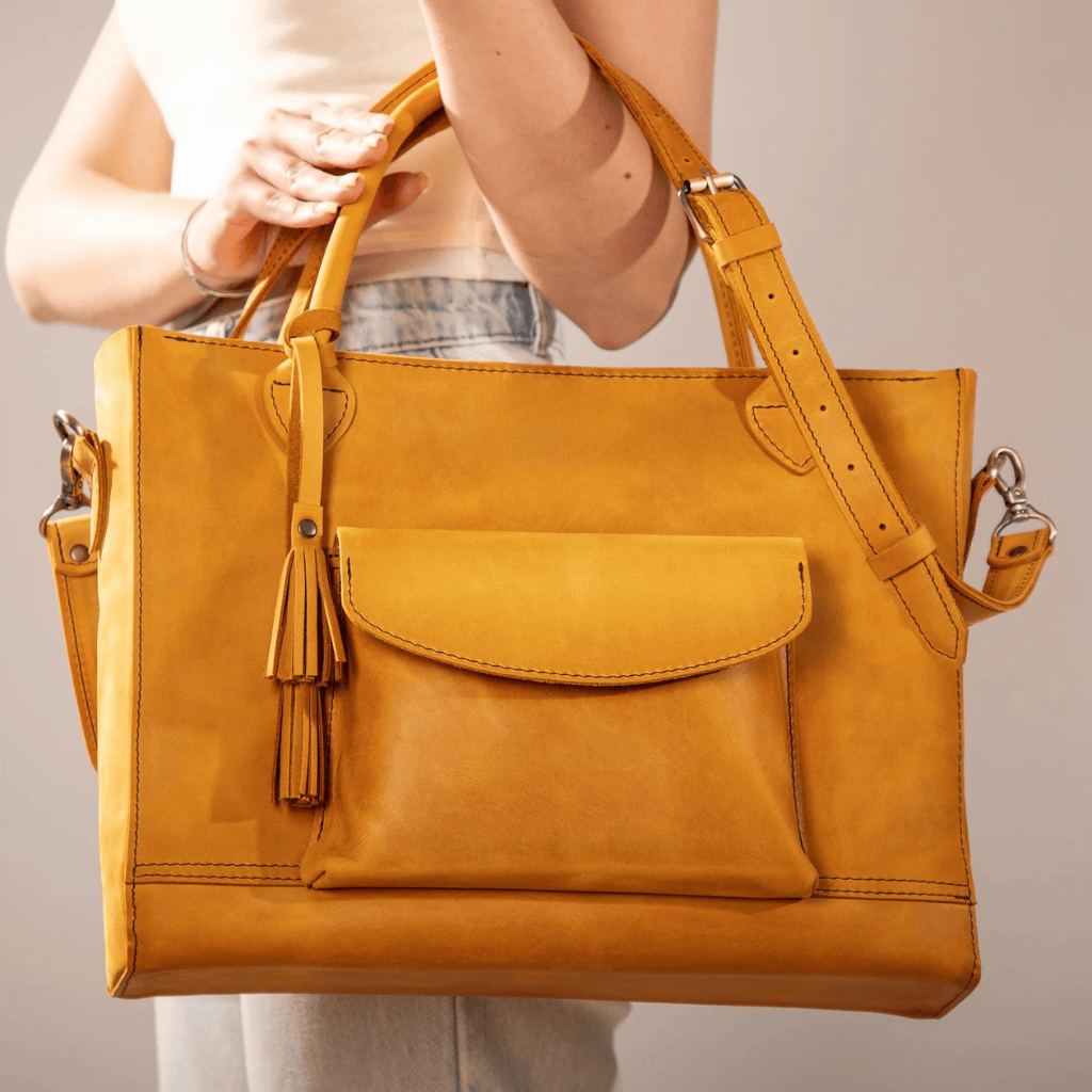 Personalized Leather Custom Work Laptop Tote Bag - Camel