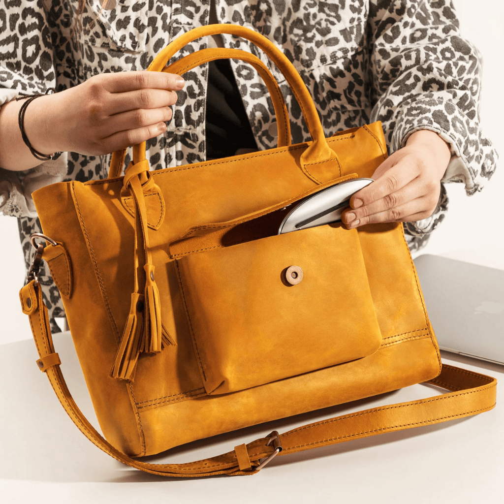 Personalized Leather Custom Work Laptop Tote Bag - Camel