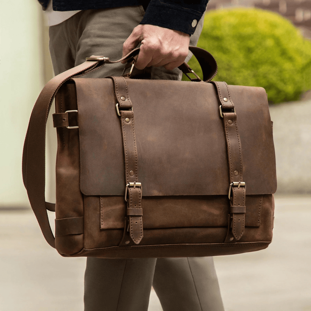 Personalized Full Grain Leather Bag Briefcase Crossbody - Brown