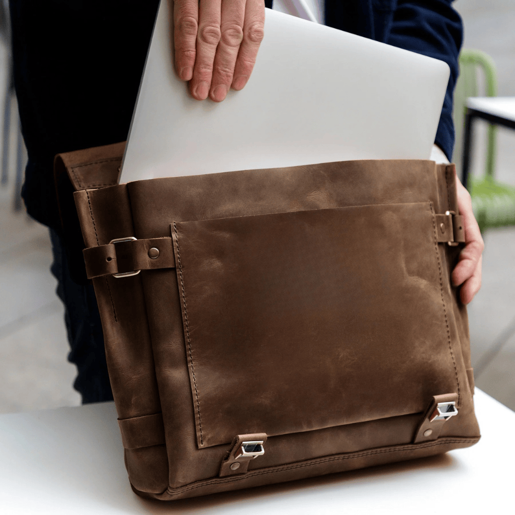 Personalized Full Grain Leather Bag Briefcase Crossbody - Brown