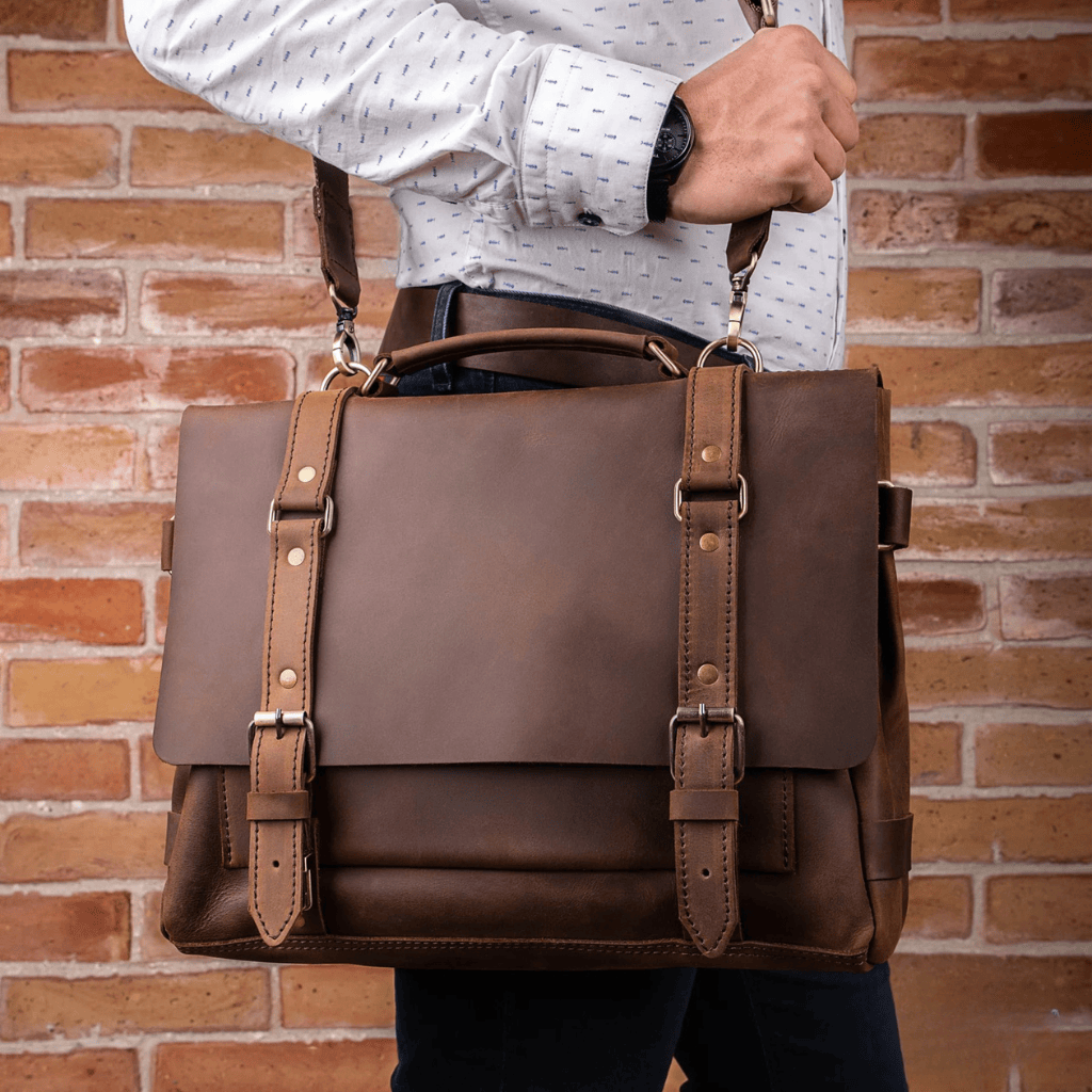 Personalized Full Grain Leather Bag Briefcase Crossbody - Brown