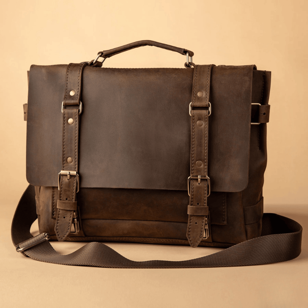 Personalized Full Grain Leather Bag Briefcase Crossbody - Brown