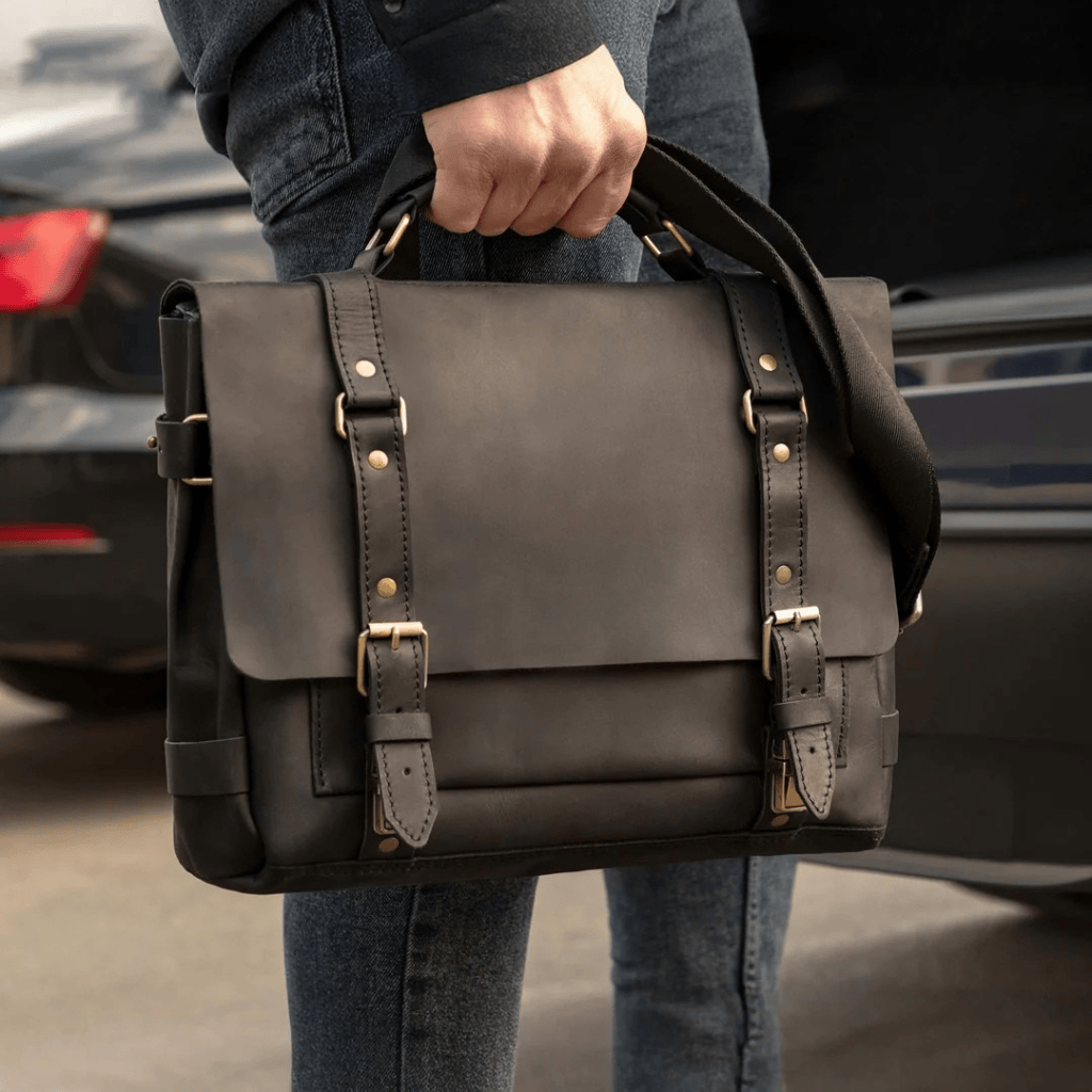 Personalized Full Grain Leather Bag Briefcase Crossbody - Black