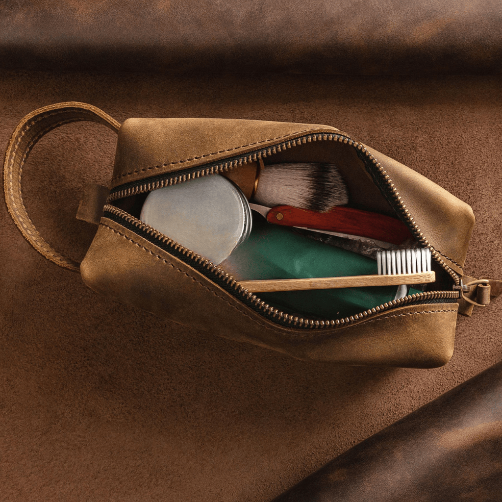Personalized Toiletry Bag Premium Top Grain Leather Dopp Kit - Brown