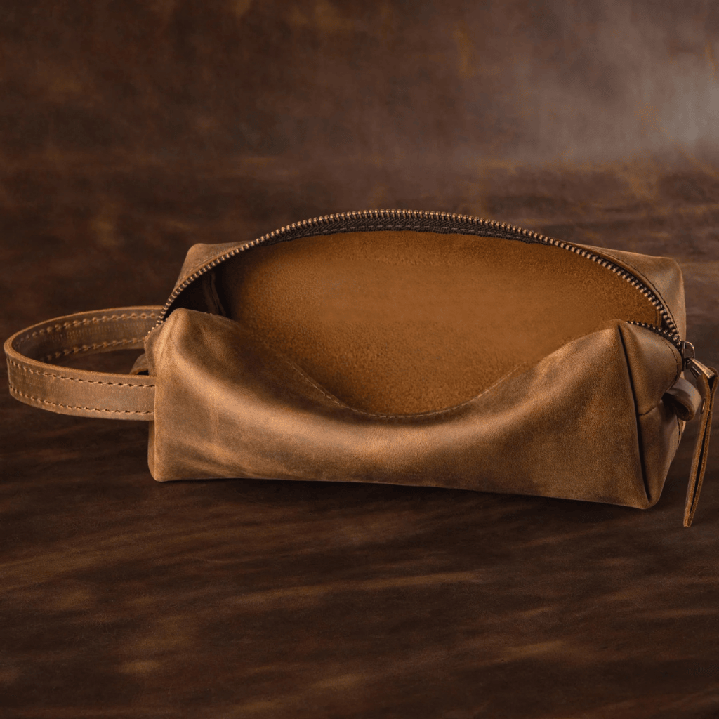 Personalized Toiletry Bag Premium Top Grain Leather Dopp Kit - Brown