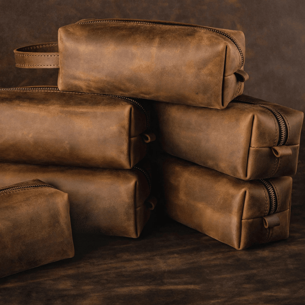Personalized Toiletry Bag Premium Top Grain Leather Dopp Kit - Brown